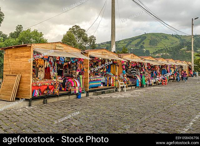 QUITO, ECUADOR, FEBRAURY - 2016 - Indian traditional crafts and clothes market stands located in the famous panecillo landmark in Quito, Ecuador