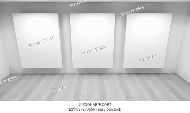 exposition, clean art gallery space with blank frames on the wall, clean room with shapes in 3d, business space and work