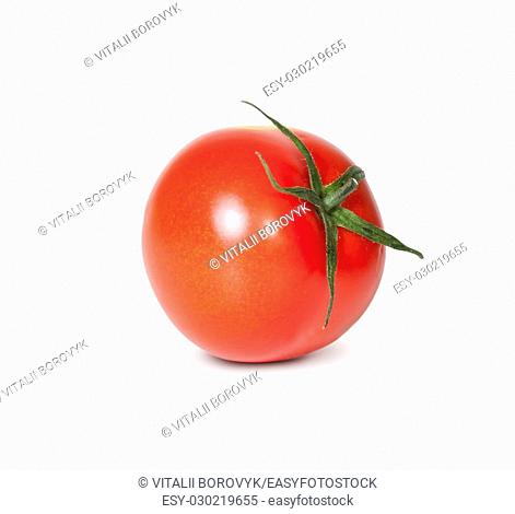 Fresh Red Tomato With Green Stem Isolated On White Background