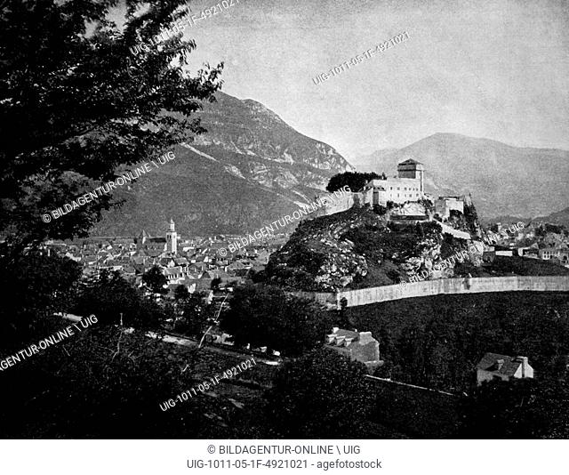 Early autotype of the chateau in lourdes, hautes-pyrenees, france, historical photo, 1884