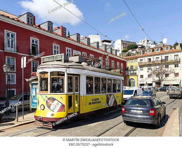 The traditional tramway in the Alfama, an icon of Lisbon. Lisbon (Lisboa) the capital of Portugal. Europe, Southern Europe, Portugal, March