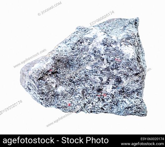 closeup of sample of natural mineral from geological collection - rough Stibnite (Antimonite) ore isolated on white background