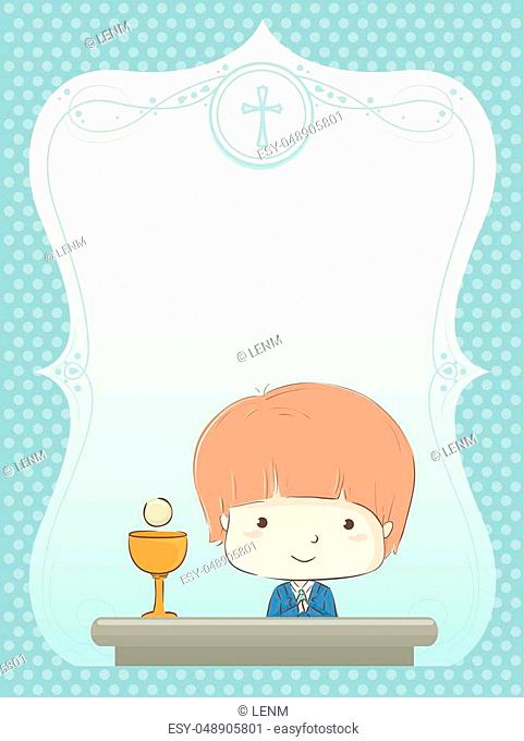 Illustration of a Frame with a Kid Boy and His First Communion. Invitation Design