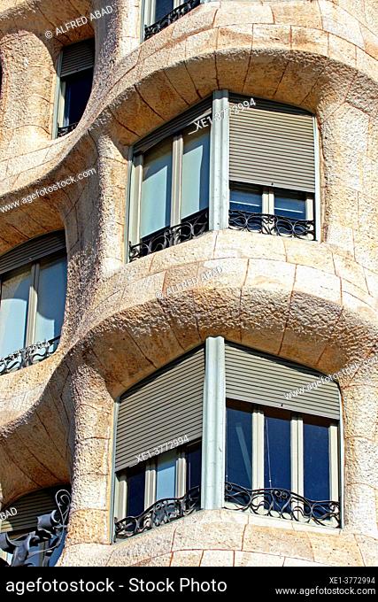 Windows of La Pedrera, Casa Milà, modernist, 1912, architect Antoni Gaudí, Eixample district, Barcelona, Catalonia, Spain