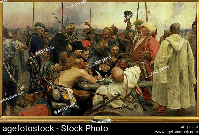 Artist: Repin, Ilja Efimowitsch, 1844-1930 Title: The Zaporozhye Cossacks writing a letter to the Turkish Sultan. 1880/91 Dimensions: 203 x 358 cm Location:...
