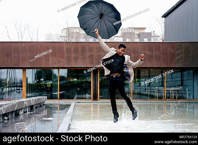 rain, umbrella, jumping