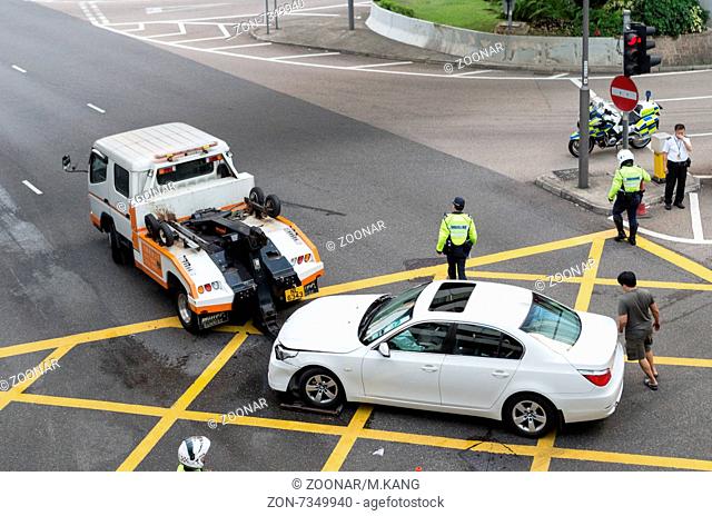 road accidents, with car are being towed away. Photo is taken at Hong kong