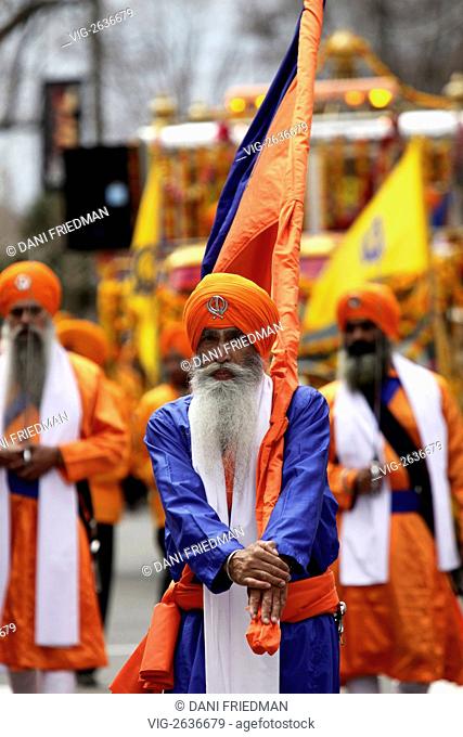 Sikh Holy Ones during the Khalsa Day Parade celebrating Vaisakhi in Toronto, Canada. Vaisakhi is one of the most significant holidays in the Sikh calendar