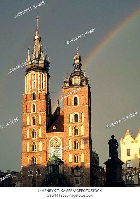 Rainbow over Mary the Virgin Basilica at Main Market Square, Krakow, Poland, Europe