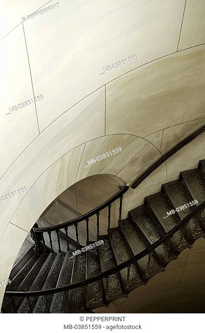 Helix-stairway, departure, podium, wall, steps, hand-rails, cast-iron, Germany, Mecklenburg-Western Pomerania, reprimands, Granitz, hunt-palace, 04/2006