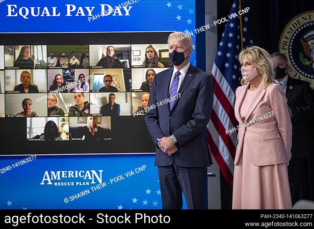 US President Joe Biden, with First Lady Dr. Jill Biden, listen to remarks by Margaret Purce, a member of the U.S. Soccer Women’s National Team