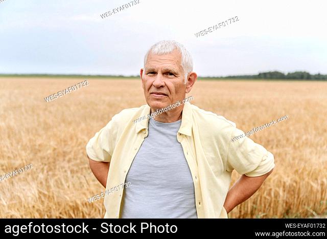 Senior man with hands behind back at wheat field