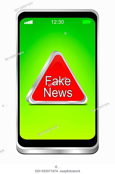 Smartphone with red Fake News warning sign on green desktop - 3D illustration