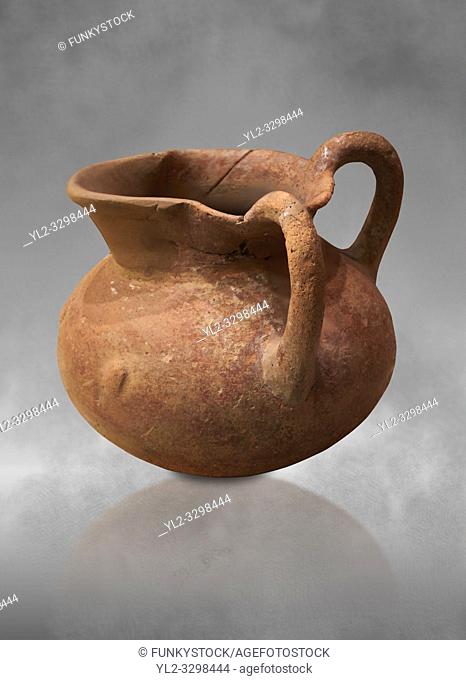 Hittite terra cotta two handled pitcher. Hittite Period, 1600 - 1200 BC. Hattusa BoÄŸazkale. Çorum Archaeological Museum, Corum, Turkey