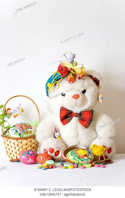 White Teddy Bear with papier mache Easter Egg  Fatso the Bear has a papier mache Easter Egg filled with candies and Easter chick  Marzipan duck  Small Easter...