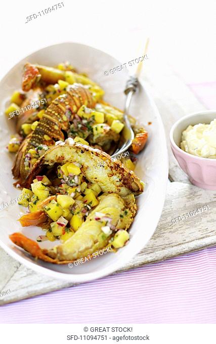 Lobster tails with mango salsa and lemon aioli