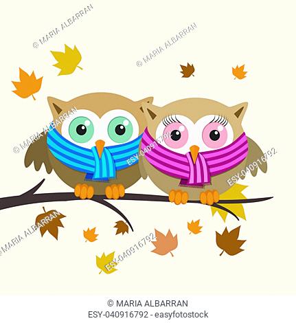 Couple of owls with scarf on a fall day. Vector illustration