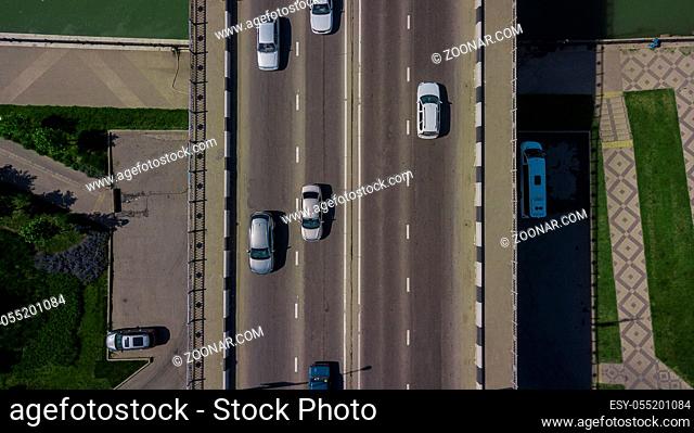 Aerial road view of traffic jam on a car bridge
