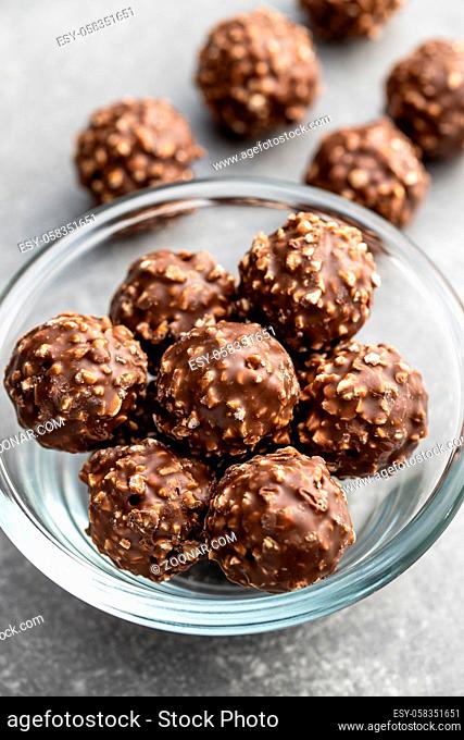Sweet chocolate truffles. Tasty belgian pralines balls in bowl