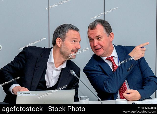 National Bank (BNB-NBB) governor Pierre Wunsch and Nationale Bank (BNB/NNB) spokesman Geert Sciot are pictured during a press conference of the Belgian national...