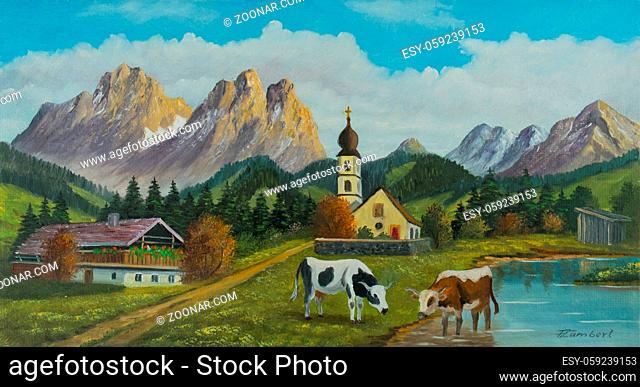 Ölgemälde von einer Landschaft mit Kühen einer Kirche und einem Bauernhaus vor einer Bergkulisse