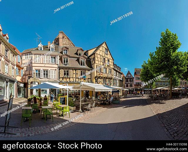 Half-timbered houses at the Place des Dominicains, Colmar, , France, city, village, summer, people