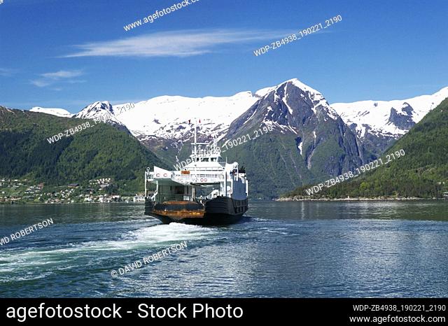 View from Hella across the Sognefjorden to Balestrand with a Fjord1 ferry, near Leikanger, Sogn og Fjordane, Norway