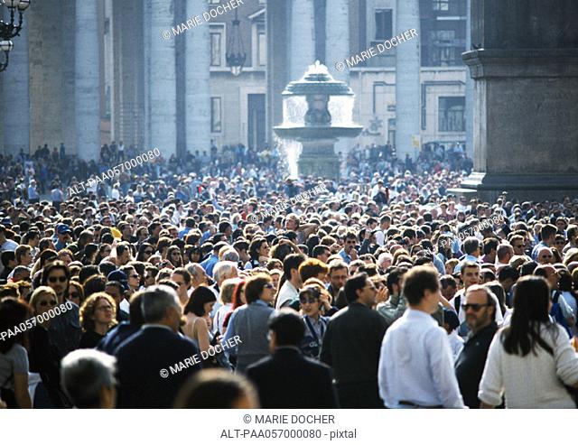Italy, Rome, crowd in St Peter's Square, high angle view, blurred