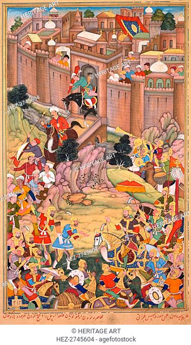 The siege of Arbela in the era of Hulagu Khan, page from a Chingiz-nama.., c. 1596. Creator: Basavana (Indian, active c. 1560-1600); Sur Das (Indian)