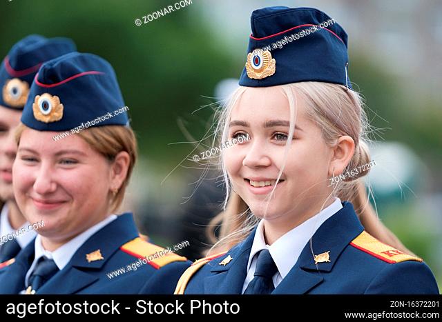 Cadets in uniform of Cadet Class Investigative Committee of Russia during solemn event dedicated to 75th anniversary of completion Invasion of Kuril Islands