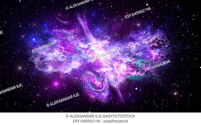 Universe with Galaxy, Stars and Colorful Nebula on Dark Starry Background