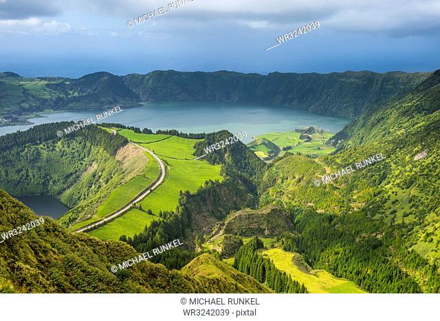 View over the Sete Cidades crater, Island of Sao Miguel, Azores, Portugal, Atlantic, Europe