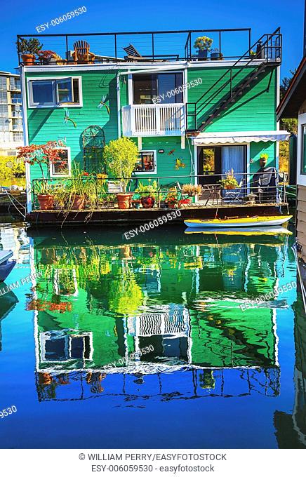 Green Houseboat Floating Home VFisherman's Wharf Reflection Inner Harbor, Victoria Vancouver British Columbia Canada Pacific Northwest