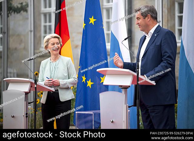 25 July 2023, Bavaria, Bayreuth: Ursula von der Leyen (l, CDU), President of the European Commission, and Markus Söder (r, CSU), Bavarian Minister President