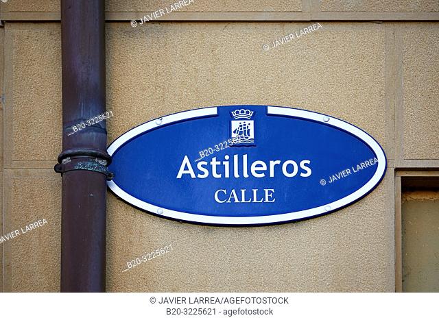 Street name plate: e calle Astilleros, Ontziola kalea, Donostia, San Sebastian, Gipuzkoa, Basque Country, Spain, Europe