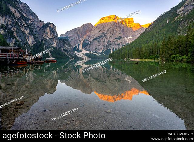 Beautiful view of Pragser Wildsee lake by Croda del Becco mountain during sunrise at Dolomites, Alto Adige, Italy