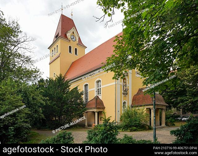 13 July 2021, Saxony, Leipzig: The exterior view of the Evangelical Lutheran Church of the Apostles. The church in the southwest of Leipzig was originally...