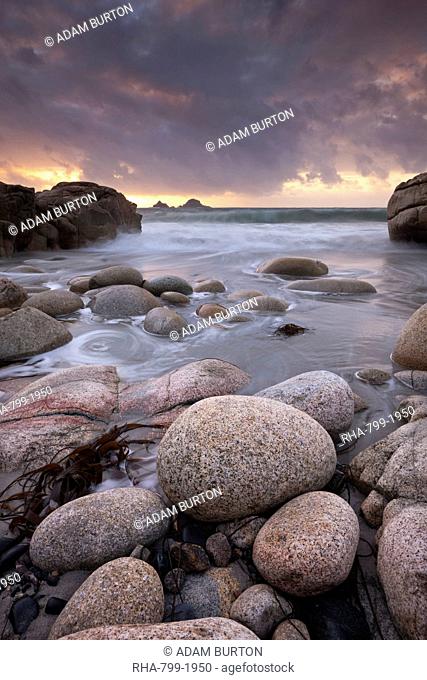 Porth Nanven beach and the Brisons at sunset, St. Just, Cornwall, England, United Kingdom, Europe