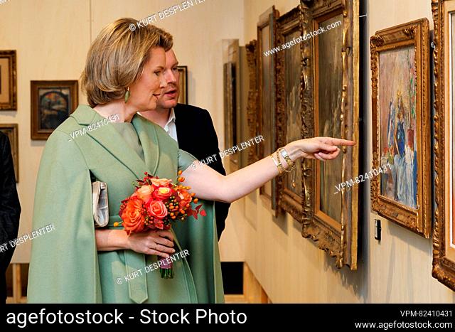 Queen Mathilde of Belgium pictured during a royal visit to the exhibition 'Rose, Rose, Rose a mes yeux. James Ensor and still life in Belgium from 1830 to 1930'
