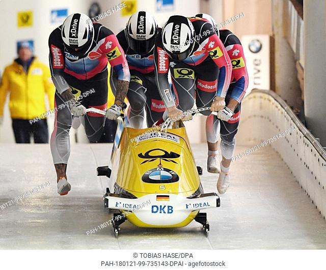 Nico Walther, Kevin Kuske, Alexander Roediger, Eric Franke of Germany in action during the 4-man event at the Bobsleigh World Cup in Schoenau am Koenigssee