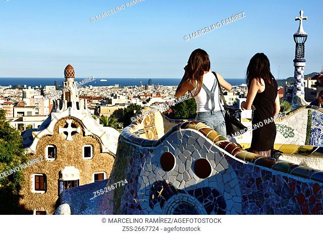 Main terrace. Park Güell is a public park system composed of gardens and architectonic elements located on Carmel Hill, in Barcelona, Catalonia, Spain, Europe