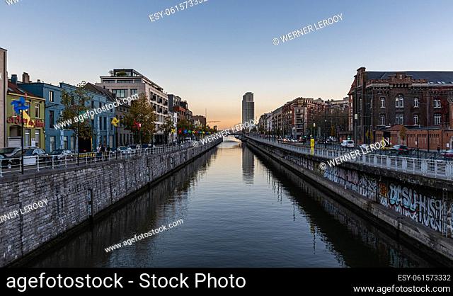 Molenbeek, Brussels, Belgium - 11 18 2020 - cityview at the canal during an early sunset