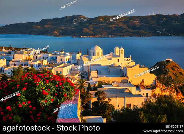 View of Plaka village on Milos island over red geranium flowers on sunset, Plaka, Milos island, Greece, Europe