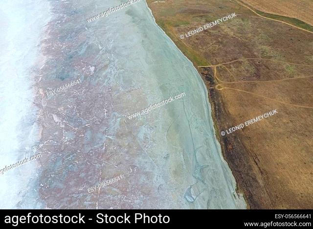 Saline Salt Lake in the Azov Sea coast. Former estuary. View from above. Dry lake. View of the salt lake with a bird's eye view