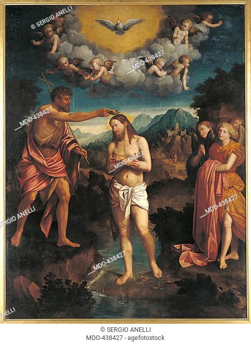 The Baptism of Jesus Christ, by Calisto Piazza, 16th Century, . Italy, Lombardy, Milan, Brera art gallery. All. Battesimo Ges Jesus Christ aureole halo...