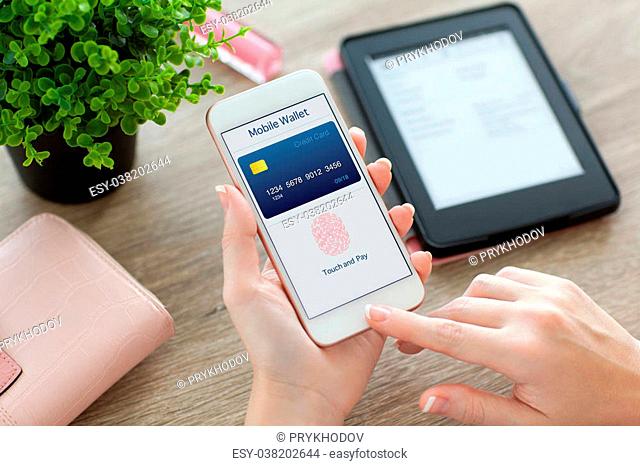 female hands holding white phone with app mobile wallet on the screen on the women table