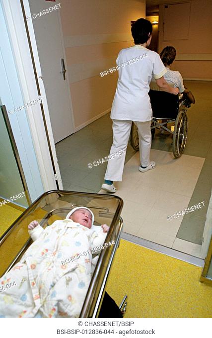 Reportage in the maternity service of Rouen hospital in France. The mother and baby are taken back to their room