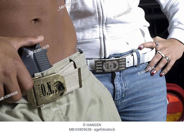 Gangster couple, stand, man, upper bodies  freely, weapon, waistband, car, detail,   Series, gangsters, couple, young, cool, carelessly, self-confidently