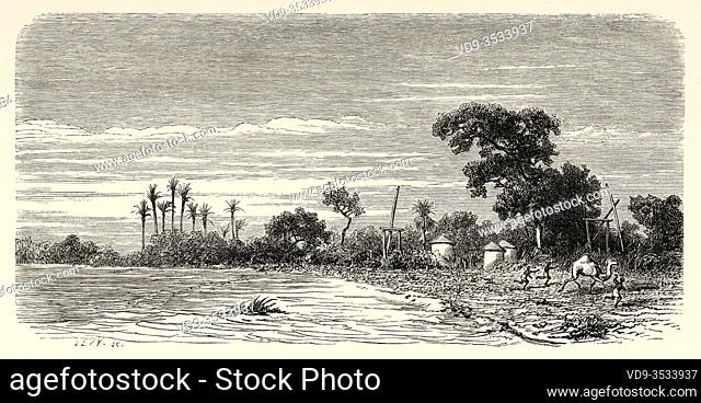 Invasion of a torrent into the dry river bed, Kurdufan region, Sudan. Africa, Old 19th century engraved illustration, Le Tour du Monde 1863