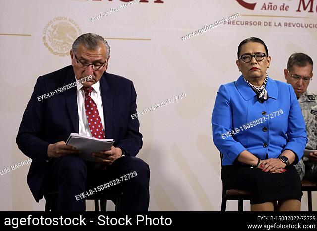 August 15, 2022, Mexico City, Mexico: Secretary of Security and Citizen Protection Rosa Icela and her Interior counterpart Adan Augusto Lopez during the federal...